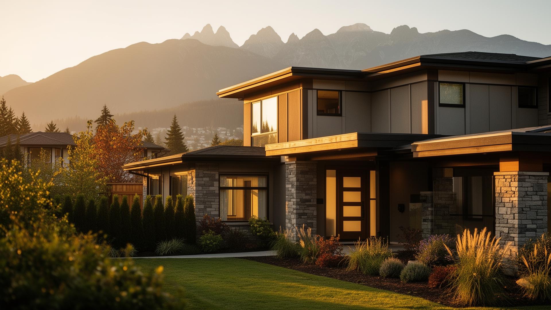 Modern Vancouver condo at golden hour with North Shore mountains